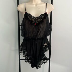 Vintage Tosca Lingerie California Teddy Black Nylon Lace Snap Crotch Bodysuit